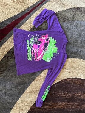 Fashion Nova Purple Long-Sleeve Tee with Pink Car and Neon Green Graphic
